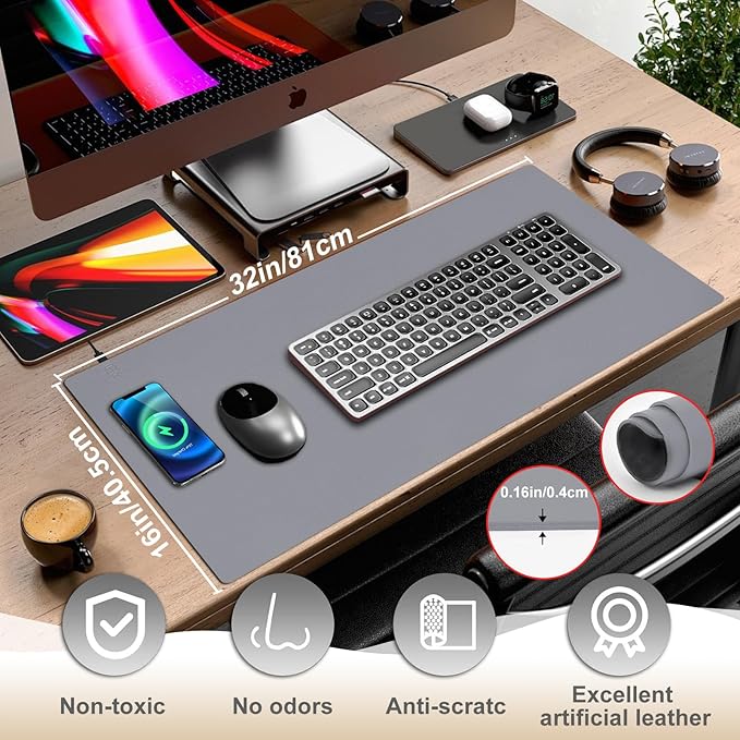 Desk Mat with Wireless Charging, Grey Mouse Pad with Wireless Charger, Desk Pad Matt for Desktop, Mousepad Gaming Large Mouse Pad, Leather Compute for Keyboard and Mouse, 32" x 16"