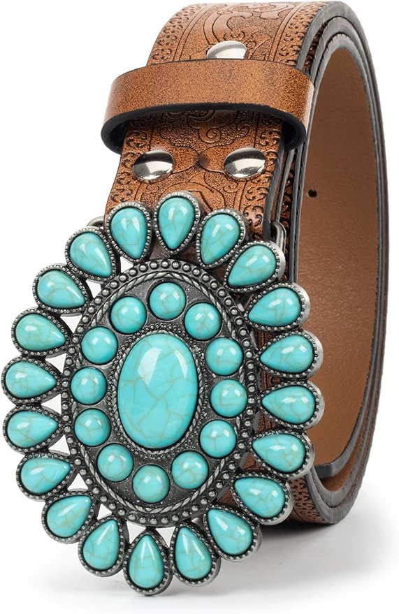 INOGIH Adjustable-Vintage-Western-Cowboy-Belt Women Men - Cowboy-Style Engraved-Buckle Belt for Jeans Pants Dresses