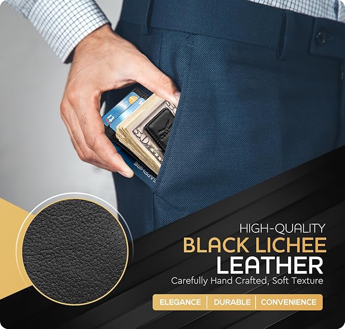 Claasico Men’s Leather Money Clip Wallet – Slim Front Pocket Wallet w/Super Strong Magnetic Clip, RFID Blocking, 5 Card Slots & Center Pocket + ID Window