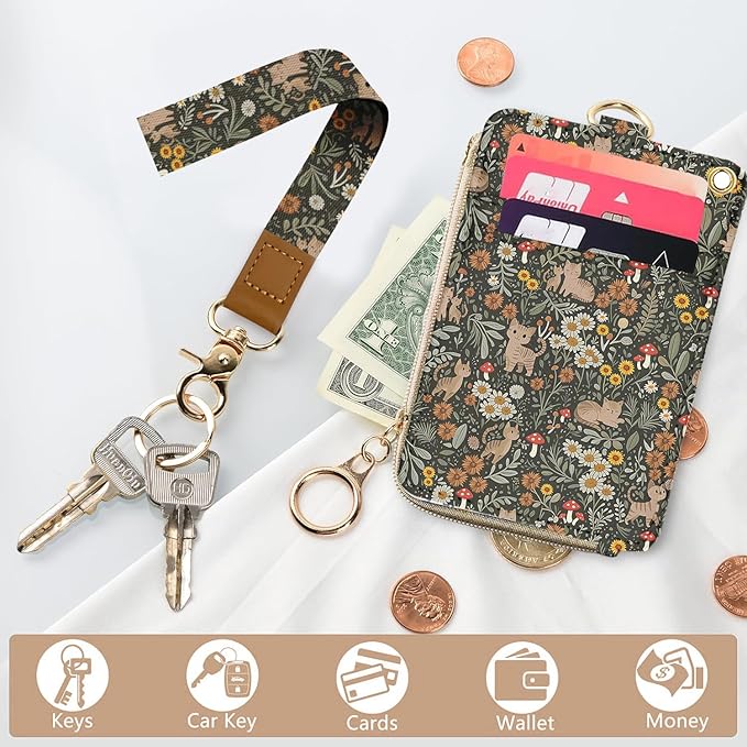 bolimoss Floral Cat Lanyard Wallet, Cute Sunflower Lanyards for ID Badge,ID Badge Holder with Breakaway Neck & Wristlet Lanyard, Pu Leather Zip Id Case Wallet for Women Woker Teacher Nurse