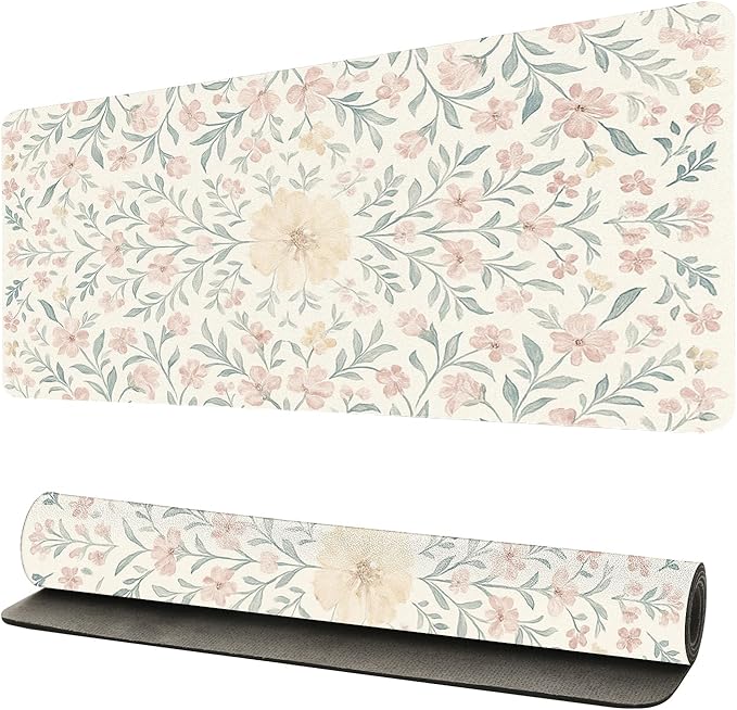 Soft Aesthetic Pastel Floral Desk Mat, Gentle PU Leather Desk Pad - Large Non-Slip Office Mat for a Calm & Stylish Gaming & Home Workspace(27.56 * 13.78in)