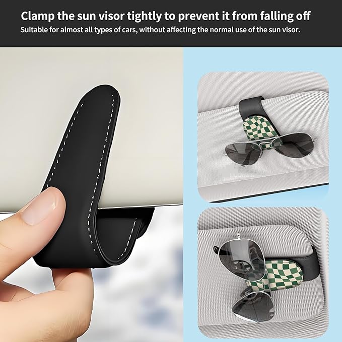 Sunglasses Holder for Car Visor, PU Leather Glasses Clip Organizer, Cute Magnetic Eyeglass Holder for Vehicle Sun Visor, Car Interior Accessory for Women & Men Green Wavy Checker
