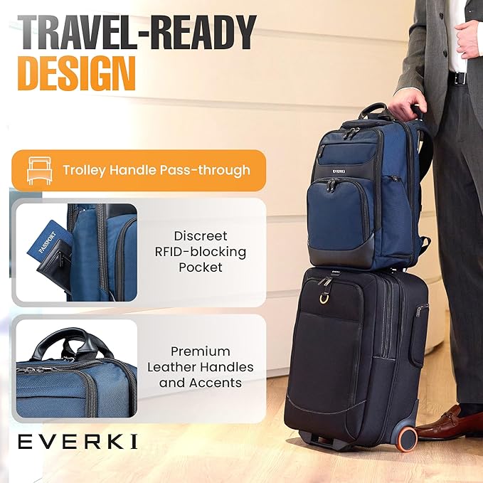 EVERKI Onyx 25L Business Laptop Backpack - Professional Travel Backpack for Men & Women, Laptop Bag with Premium Leather Ballistic & Nylon, Office & Flight Approved, Fits Laptops up to 15.6” - Navy