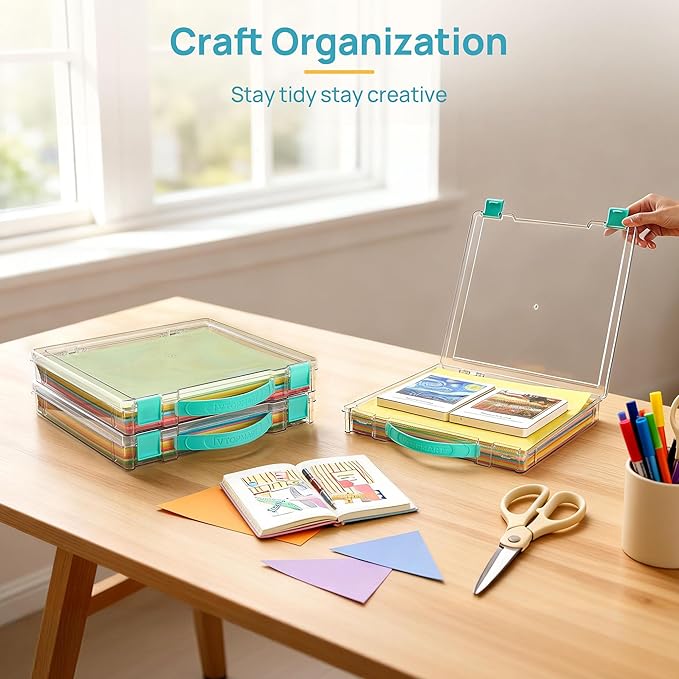 Vtopmart 2 Pack Board Game Storage with Handle and Snap-Tight Latch Lid, Craft Organizer Box Fit 12" x 12" Papers, Stackable Clear Storage Box for Art Supply Storage, Paper Storage, Puzzle Storage