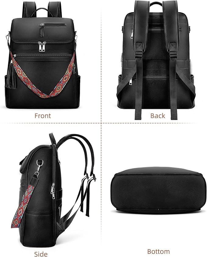 SYTRAH Leather Laptop Backpack for Women Designer Laptop Bag, 16.5 inch Travel Computer Backpacks Purse with Tassel for Work Business with Satchel Purse Black