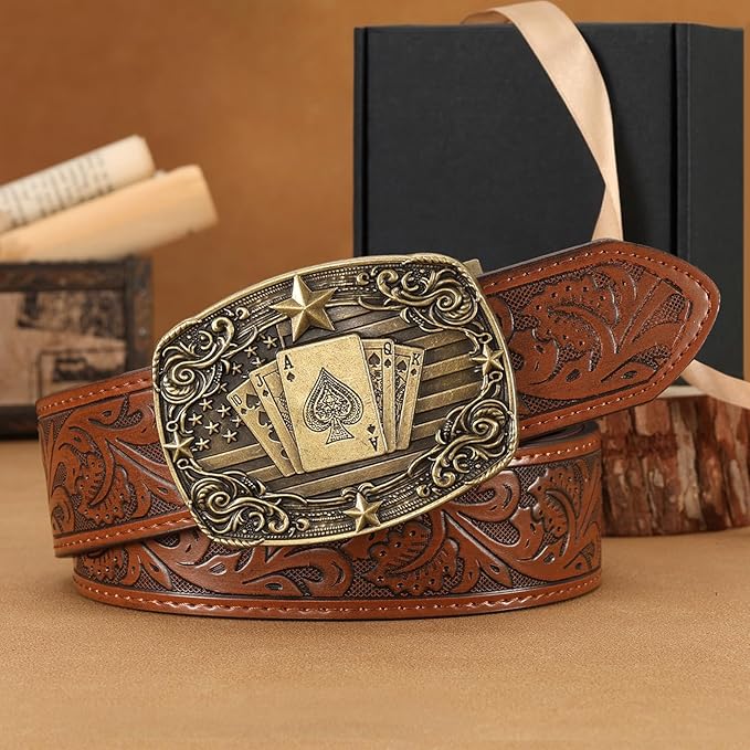 Cowboy Western Ratchet Belt for Men Women with Automatic Western Buckle, Ratchet Cowboy Leather Belt for Jeans Gifts