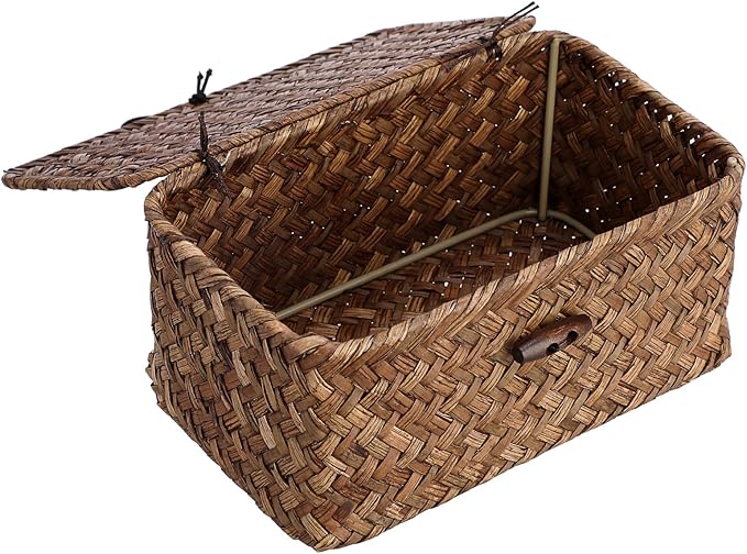 Hipiwe Handwoven Wicker Basket with Lid Desk Organizer for Remote Control Key Glass Coffee Color Seagrass Box for Decoration, 7.0"L x 4.3"W x 3.3"H