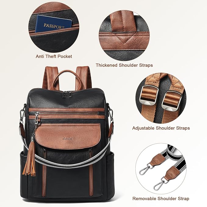 Shrrie Laptop Backpack for Women 15.6 inch,Travel Leather Backpack Purse Nurse Teacher Carry on Backpack Computer Bag,Professional Water-Resistant College Business Work Casual Daypack,Black with Brown