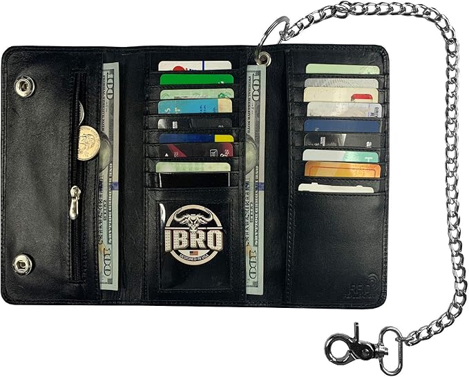 IBRO VINTAGE Motorcycle Chain Wallet for Men – Premium Cowhide Leather, RFID Tri-Fold Biker Wallet with Heavy Duty Chain for Bikers Truckers & Hunters, Credit Card Money Organizer Long Wallet | Long Trifold, RFID Blocking, Men's, Trucker Biker