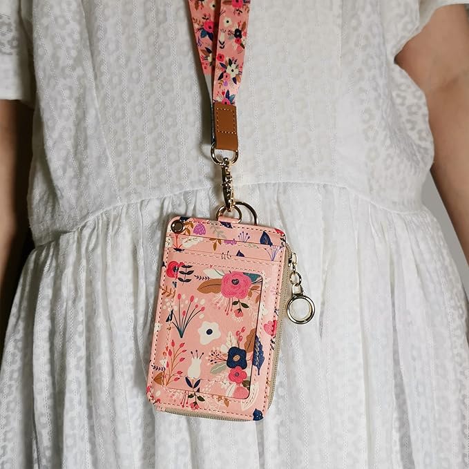 bolimoss Lanyard with Wallet,Zip ID Case with Lanyard,Lanyard Badge Holder,Lanyard Wallet for Women,Fashion Lanyard Wallet, ID Case Wallet with Lanyard(Pink Floral)