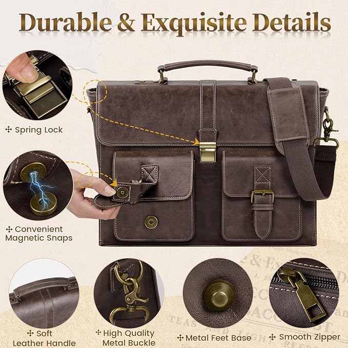 RAINSMORE Mens Messenger Bag 15.6 Inch Leather Vintage Laptop Briefcase Waterproof Computer Laptop Bag Leather Satchel Bag Large Shoulder Bag for Office Work Travel College, Coffee