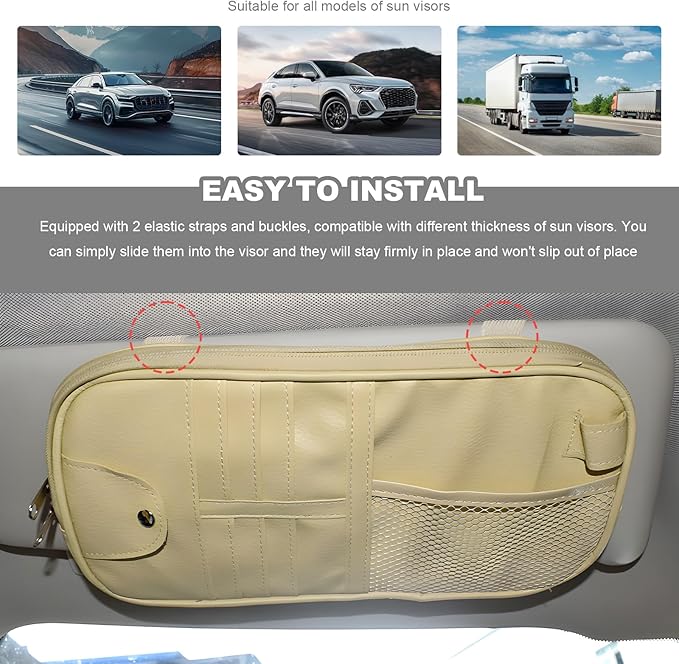 Car Sun Visor Organizer, Multi-Purpose Visor Storage Holder with Elastic Bands & Glasses Clip, Multi-Pocket Sunshade Organizer Soft Leather Storage Pouch for Car Truck SUV (Beige)