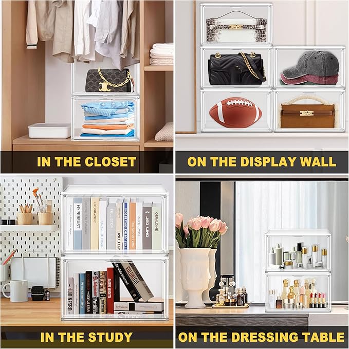Clear Shoe Boxes Plastic Stackable Shoe Cabinet with Acrylic Magnetic Lids Drop Side Sneaker Display Case for Closet, Entryway, Fits Men's or Women's Shoes up to Size 12.5 (14.17''x10.62''x8.07'')