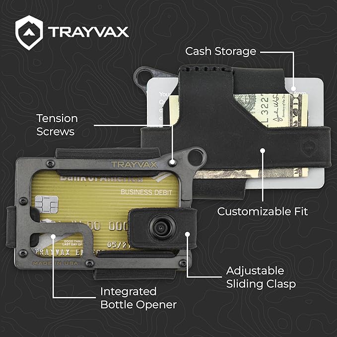 Trayvax Contour Wallet, RFID Front Pocket Money and Credit Card Holder, Minimalist Slim Leather Metal Wallet for Men and Women, Black Stealth Black
