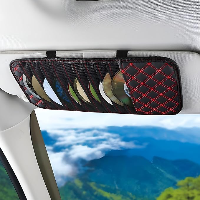 2PCS Car Visor CD Holder, PU Leather Large Capacity Vehicle DVD Storage Organizer with 10 Sleeves, Automotive Interior Sun Visor DVD Case Accessories, Universal for Trucks SUV Sedan (Red)