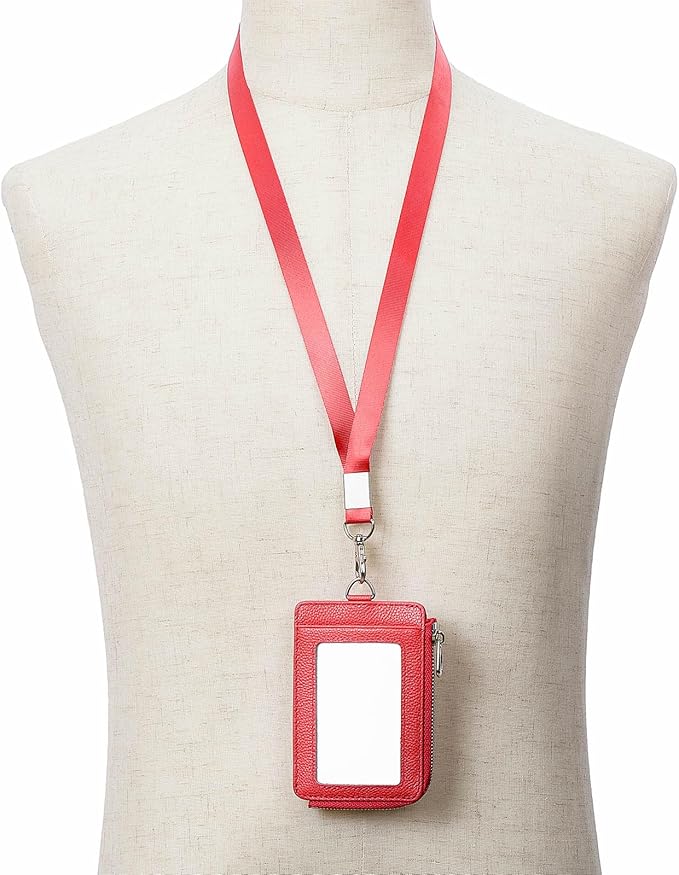 Badge Holder – Genuine Leather ID Badge Holder with Zipper Pocket and Nylon Lanyard – Perfect for Badges, Cards, and More