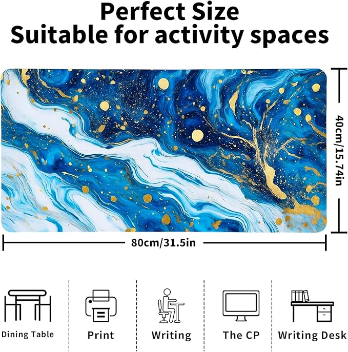 Modern Blue Marble Desk Mat, Luxurious PU Leather Desk Pad - Large Non-Slip Office Mat for a Stylish Gaming & Home Workspace, Aesthetic Desk Decor (31.5 * 15.75in)