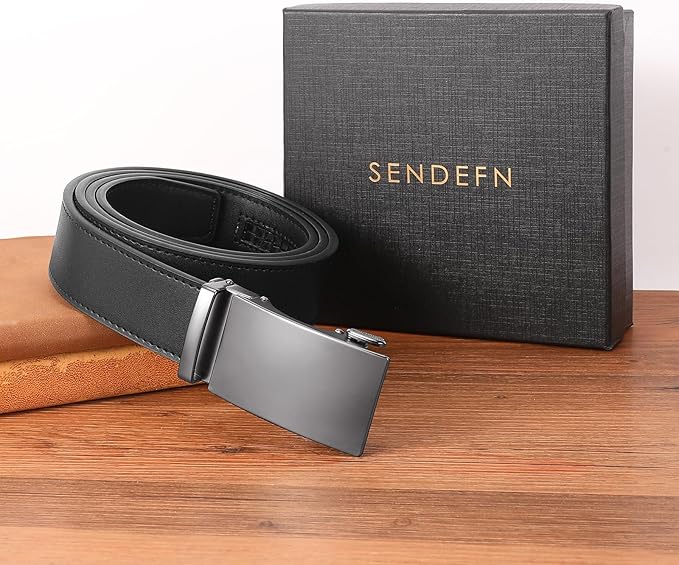SENDEFN Men's Leather Belt Automatic Ratchet Buckle Slide Belt for Dress Casual Trim to Fit with Gift Box