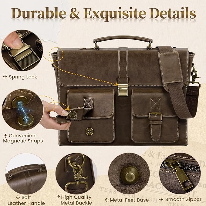 RAINSMORE Mens Messenger Bag 15.6 Inch Leather Vintage Laptop Briefcase Waterproof Computer Laptop Bag Leather Satchel Bag Large Shoulder Bag for Office Work Travel College, DarkBrown