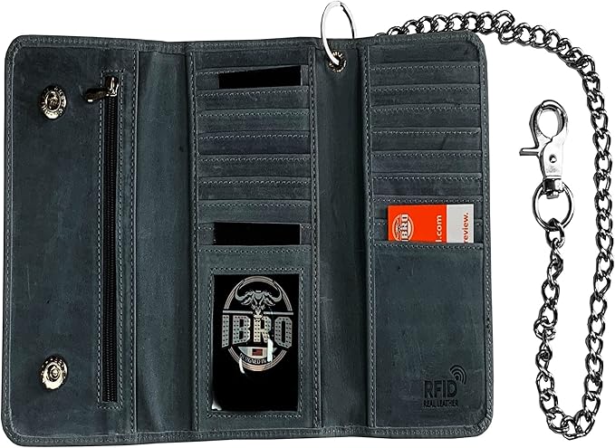 IBRO VINTAGE Motorcycle Chain Wallet for Men – Premium Cowhide Leather, RFID Tri-Fold Biker Wallet with Heavy Duty Chain for Bikers Truckers & Hunters, Credit Card Money Organizer Long Wallet | Long Trifold, RFID Blocking, Men's, Trucker Biker