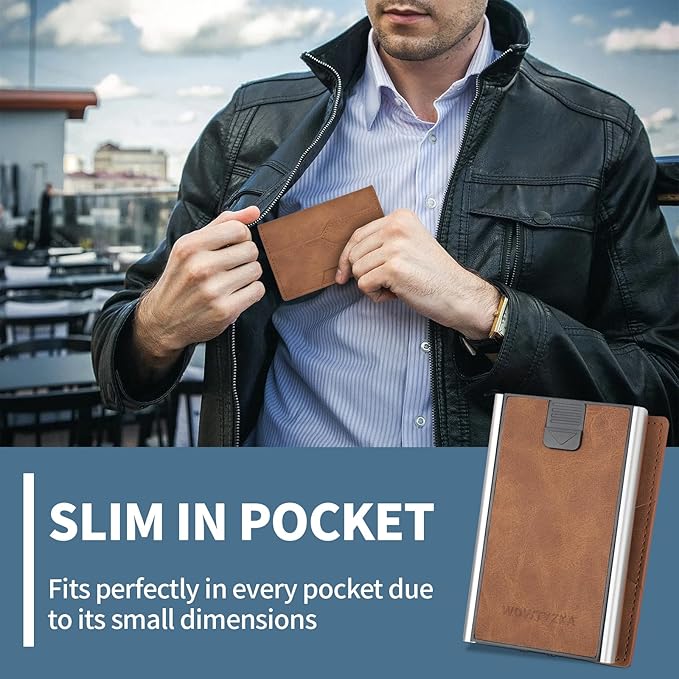 Mens slim Wallet,with RFID Shielding, Holds 9 Cards Easily, card wallet for Men, Minimalist Wallet For Men, Made of aluminum and Pu Synthetic Leather, Includes Cash clip (Brown)