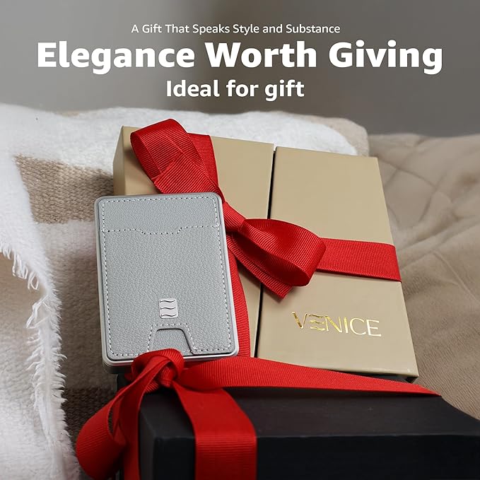 VENICE RFID Blocking Wallet, Minimalist Card Holder with Quick Access, Vegan Leather & Brushed Aluminum, Gift-Ready Packaging (Gray)