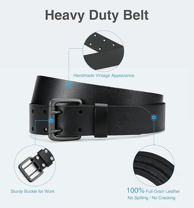 CHAOREN Work Belts for Men Heavy Duty - 1.5" Full Grain Leather Belt Casual - Fully Adjustable, Double Prong