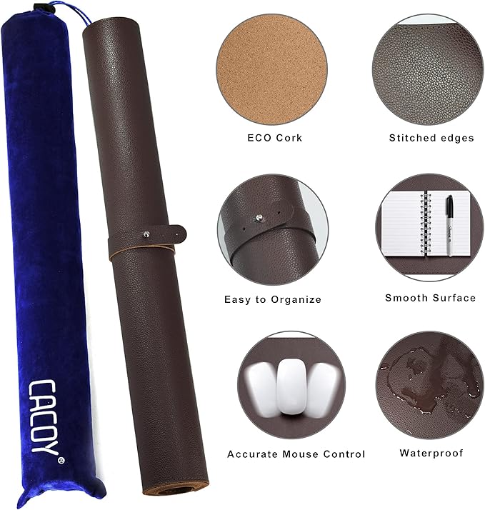 Cacoy Large Desk Mat 48" x 24" Leather Desk Pad Protector with Cork & PU Leather, Dual-Sided Office Desk Mat, Large Mouse Pad, Waterproof Desk Blotter Pad for Office and Home (Brown)