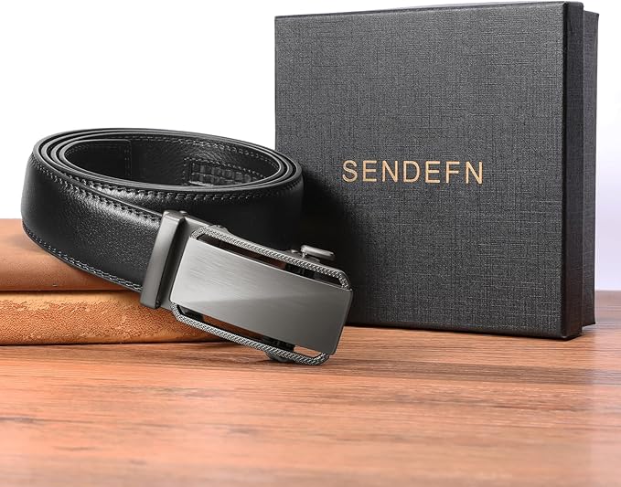SENDEFN Men's Leather Belt Automatic Ratchet Buckle Slide Belt for Dress Casual Trim to Fit with Gift Box