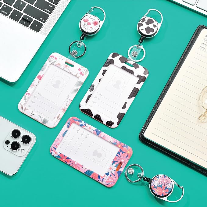 Will Well ID Badge Holder with Retractable Lanyard, Retractable Badge Reel Nylon Lanyard and Vertical ID Card Holder with 1 Card Slot Key Chain for Men & Women - Floral Design