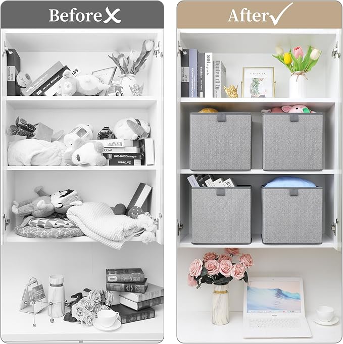 Storage Baskets, 11.8-Inch Woven Fabric Bins, Storage Cubes with Reinforced Handles, Organizer Bins for Closet Shelves, Foldable, for Toys, Clothes (2PCS/Grey-11.8*11.8*11.8inch)