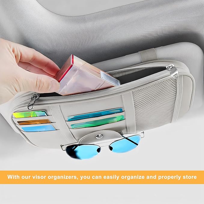 Car Sun Visor Organizer, Multi-Pocket Leather Auto Storage Pouch with Glasses Clip & Zippers, Multifunctional Sun Visor Storage Bag Ticket Organizer for Cars Trucks SUVs (Gray)