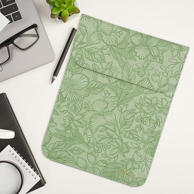 MOSISO Laptop Case 13.3 inch, 13-13.3 inch Laptop Sleeve Compatible with MacBook Air/Pro 13/Pro 14,HP Dell ASUS Lenovo Notebook,Embossed Retro Hibiscus PU Leather Case with Small Bag, Sage Green