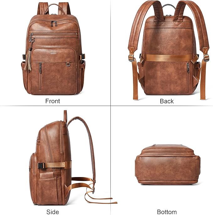 Shrrie Vegan Leather Laptop Backpack for Women,17 Inch Computer Backpack Purse for Work Business College Travel Teacher Nurse with Anti-theft Pocket & Giant Tumbler Holder Pocket,Caramel Brown