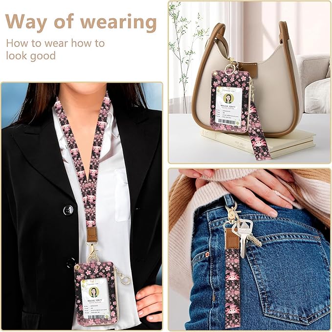 bolimoss Axolot ID Badge Holder & Lanyard Wallet 2-in-1Cute Sakura Womens Small Wallet with Removable Wristlet & Neck Lanyard, Clear Window, 5 Card Slots, Side Zipper Pocket, Ring Keychain