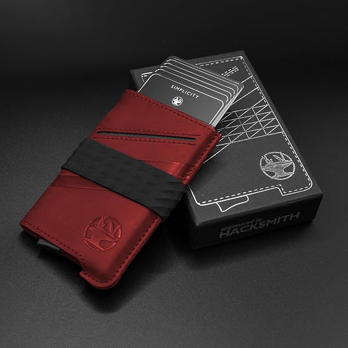 Hacksmith The Smith Wallet – Slim RFID Blocking Wallet for Men – Minimalist Front Pocket Wallet with Money Clip Band – Tactical Leather and Metal Wallets for Credit Cards & Cash (Smoke Red)
