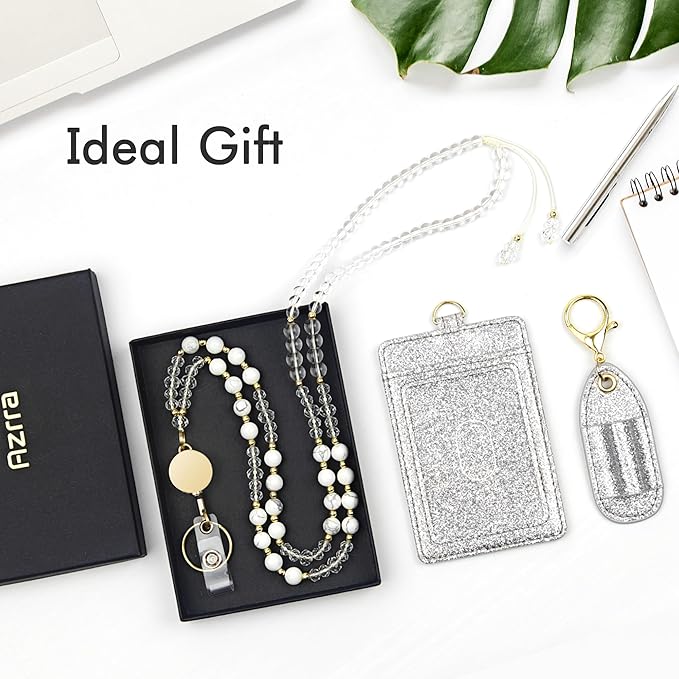 Azrra Lanyards for ID Badges and Keys, Natural Stone Beaded Teacher Lanyard with Bling ID Badge Holder and Pen Holder, Cute Retractable Badge Lanyard for Women (Silver)