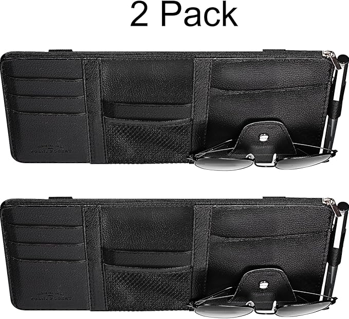 Boao 2 Packs Car Sun Visor Organizer, Sunglasses Holders for Car Sun Visor PU Auto Interior Accessories Storage Travel Document Holder with Multi Pocket (Black, 12.2 x 6.1 Inches)
