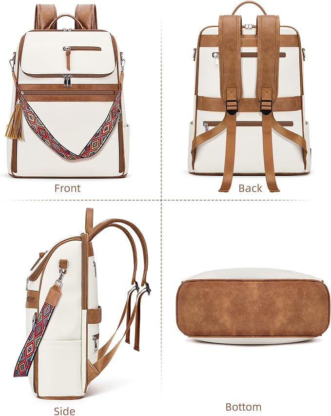 SYTRAH Leather Laptop Backpack for Women Designer Laptop Bag, 16.5 inch Travel Computer Backpacks Purse with Tassel for Work Business with Satchel Purse Beige Brown