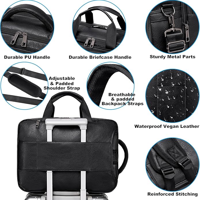 weiatas 3-in-1 Vegan Leather Convertible Laptop Bag for Men Women, Expandable Travel Backpack Work Briefcase Messenger Bag | Convertible, Expandable, Multi-pocket, Waterproof