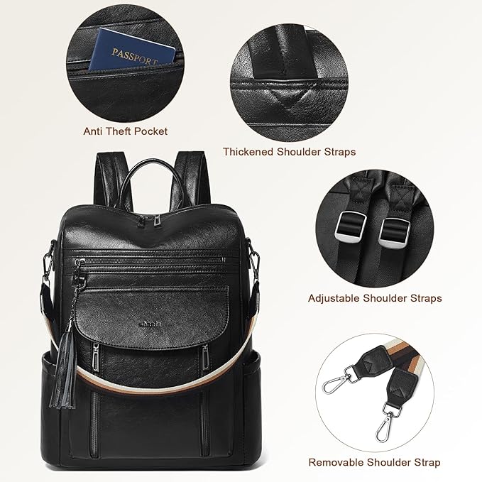Shrrie Laptop Backpack for Women 15.6 inch,Travel Leather Backpack Purse Nurse Teacher Carry on Backpack Computer Bag,Professional Water-Resistant College Business Work Casual Daypack,Black