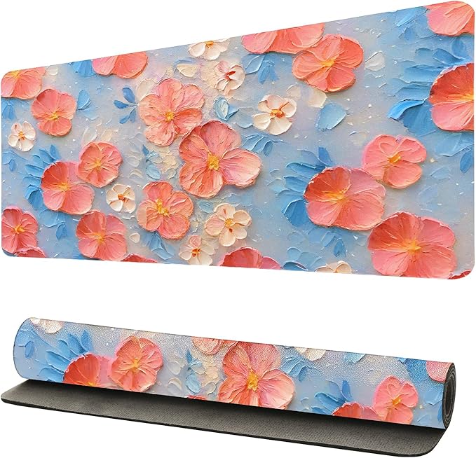 Oil Painting Flowers Desk Mat for Women, Large PU Leather Desk Pad with Non-Slip Base, Aesthetic Office Keyboard Cover for Gaming & Home Work, Artistic Desk Decor (27.56 * 13.78in)