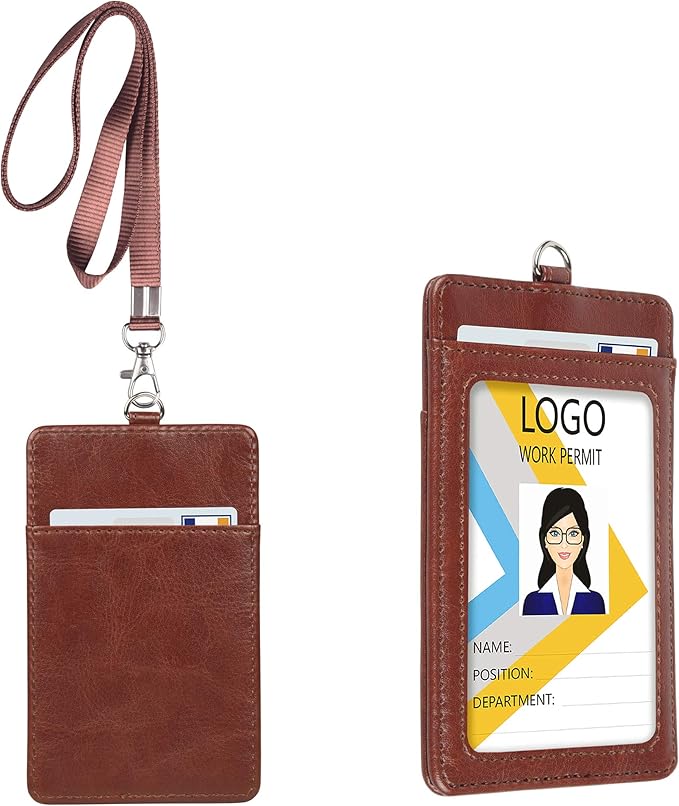 Teskyer Badge Holder with Lanyard, Leather ID Name Badge Card Holder with Lanyard for ID Badges, Vertical Brown