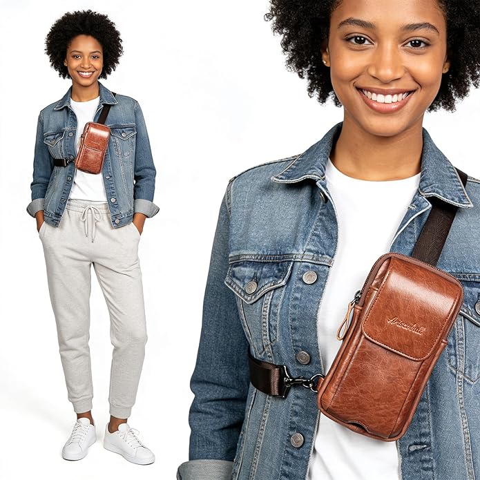 Small Crossbody Bag for Men Women - Genuine Leather Mini Sling Bag with Charging Port