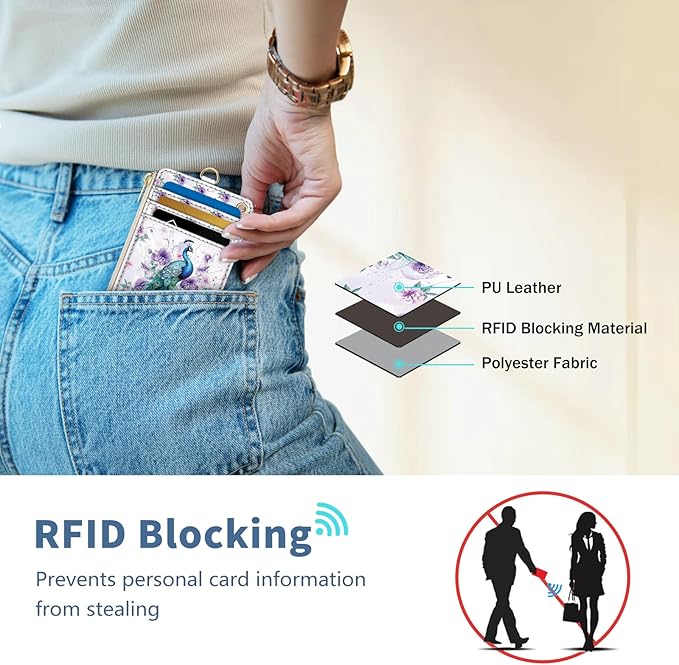 Lanyard Wallet with Id Badge Holder, Peacock RFID Small Keychain Wallet Women Wristlet, Cute Zipper Credit Card Holder Phone Wrist Neck Strap for Key Name Tag, Teacher Student Office Gifts