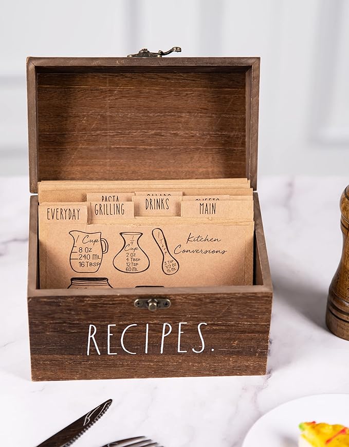 Wooden Box – Wood Storage Box - Wood Recipe Box with Lid and Metal Clasp - Rustic Vintage Farmhouse Recipe Box with Lid Wood Chest Design - Multipurpose Organizer – Birthday Gift for Women (Style 2)