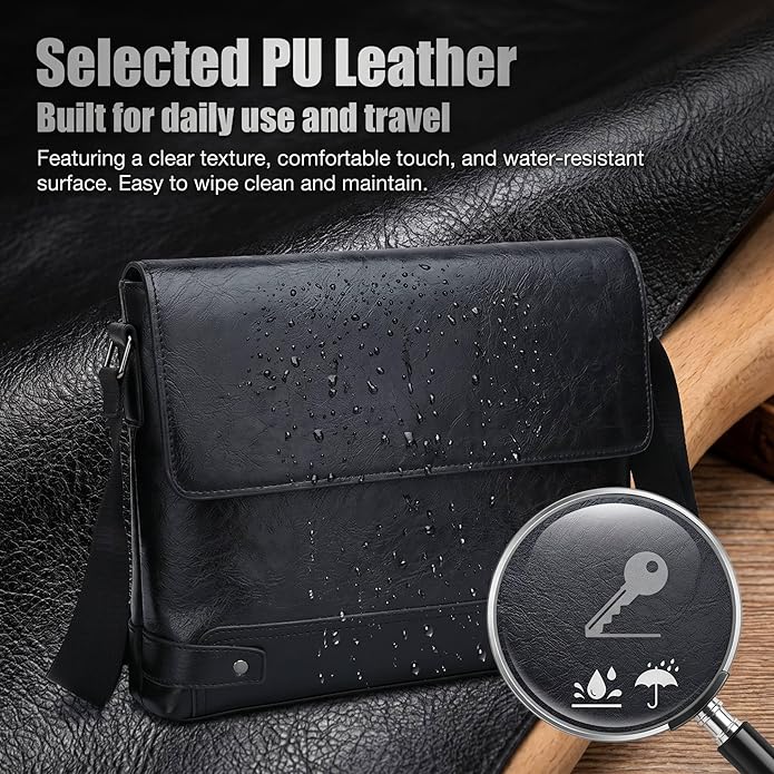 Vintage PU Leather Mens Messenger Bag - Slim Crossbody Shoulder Bag for Work, Travel & Daily Commute Casual Tablet Satchel