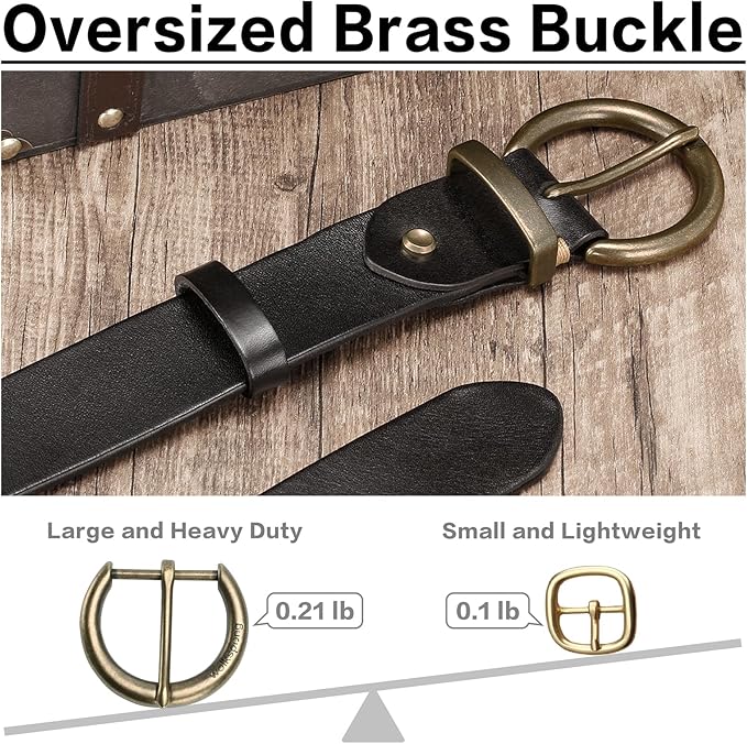 Women's 1.5 inch Leather Belt with Large Brass Buckle - Trendy Vintage Style for Jeans and Pants