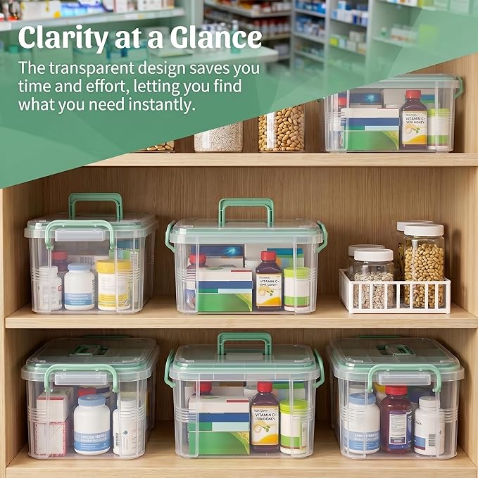 Goaste 15QT Clear Medicine Organizer Box with Handle, Plastic Medicine Container with Detachable Tray, Portable First Aid Bin Empty, Multipurpose Medical Storage Case for Home, Craft Supplies, Green
