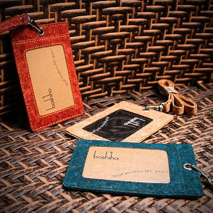 Cork Badge Holder, Boshiho Vertical Style Eco-Friendly Natural Cork Name ID Card Holder with Lanyard (Cork Red)